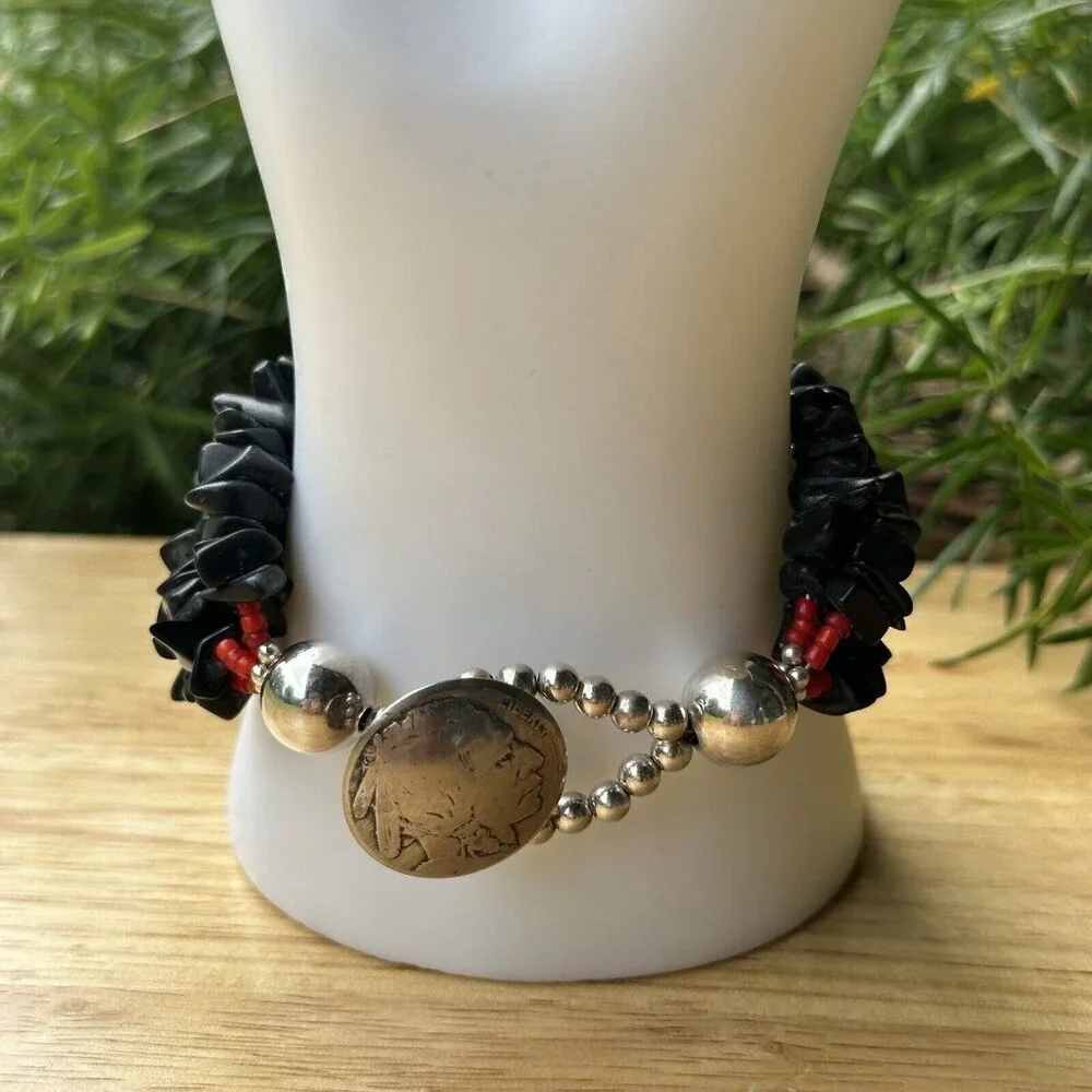 VTG‎ Flower Sterling Silver Bracelet Buffalo Nickel Clasp Black Onyx Red Beads